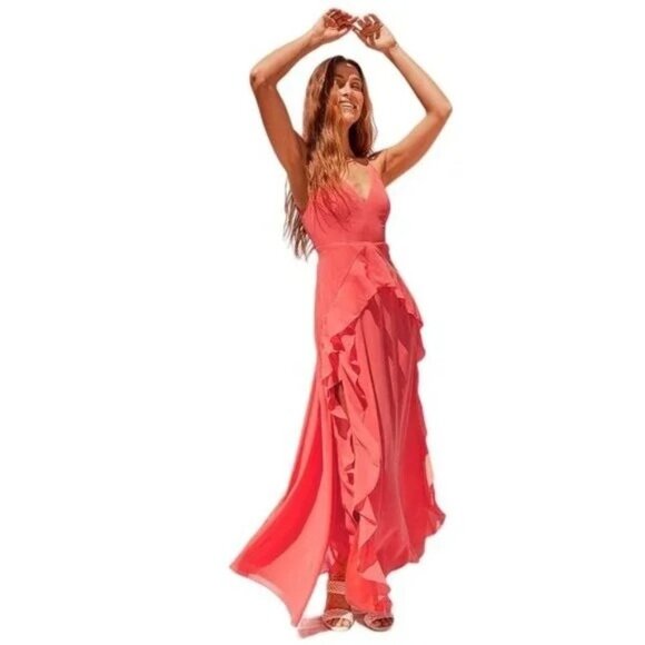 NWT Lulu's Vibrant Love Sleeveless Ruffled Maxi Dress in Coral Size XS - Picture 1 of 8